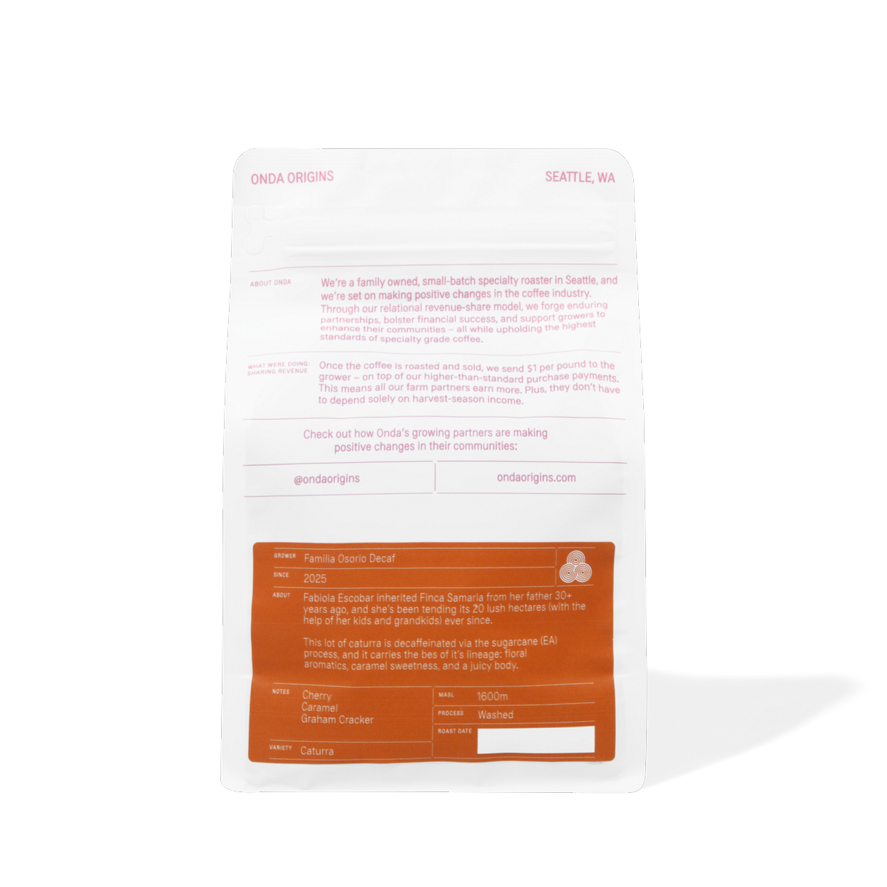 Back of a food packaging with text and branding on a white background Decaf colombian coffee bag with pink and blue design on a white background single origins specialty coffee beans