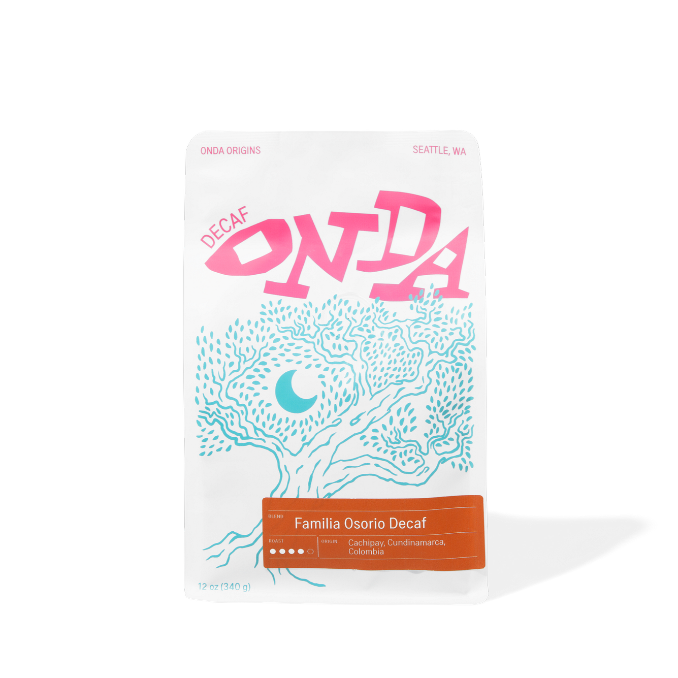 Decaf colombian coffee bag with pink and blue design on a white background single origins specialty coffee beans