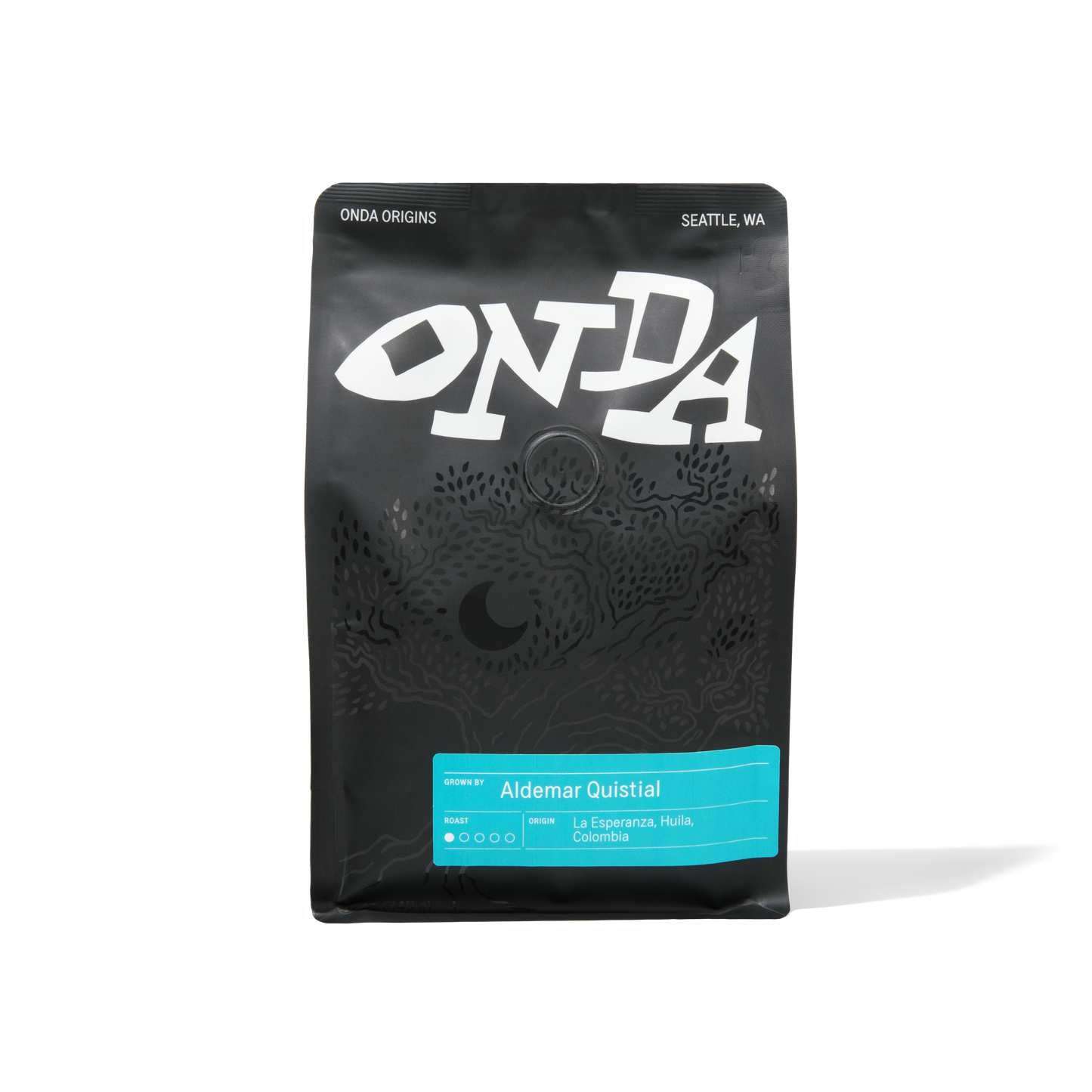 Black coffee packaging with bright teal sticker, unique single origin coffee bags, great gifts