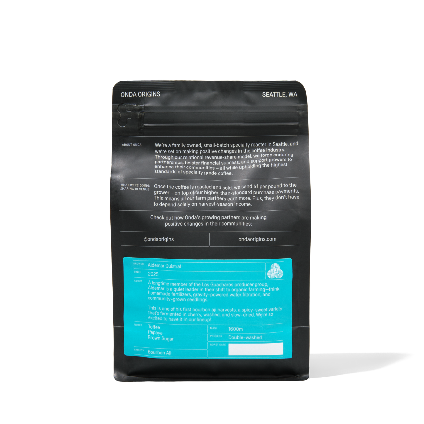 Black coffee bag with 'ONDA' branding on a white background and bright teal sticker. Unique coffee art