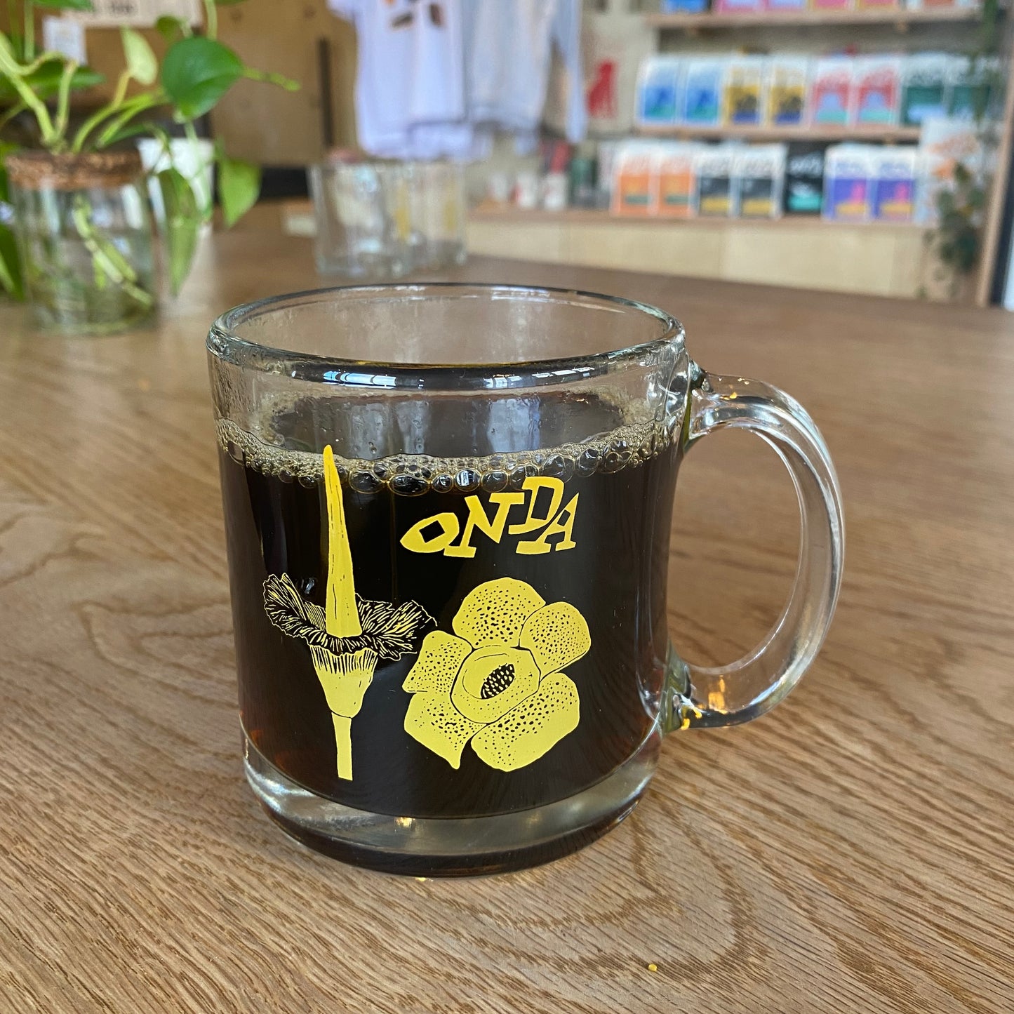 Clear glass mug with yellow flower, coffee lover gifts, coffee mug, glass coffee mug, vintage coffee mug