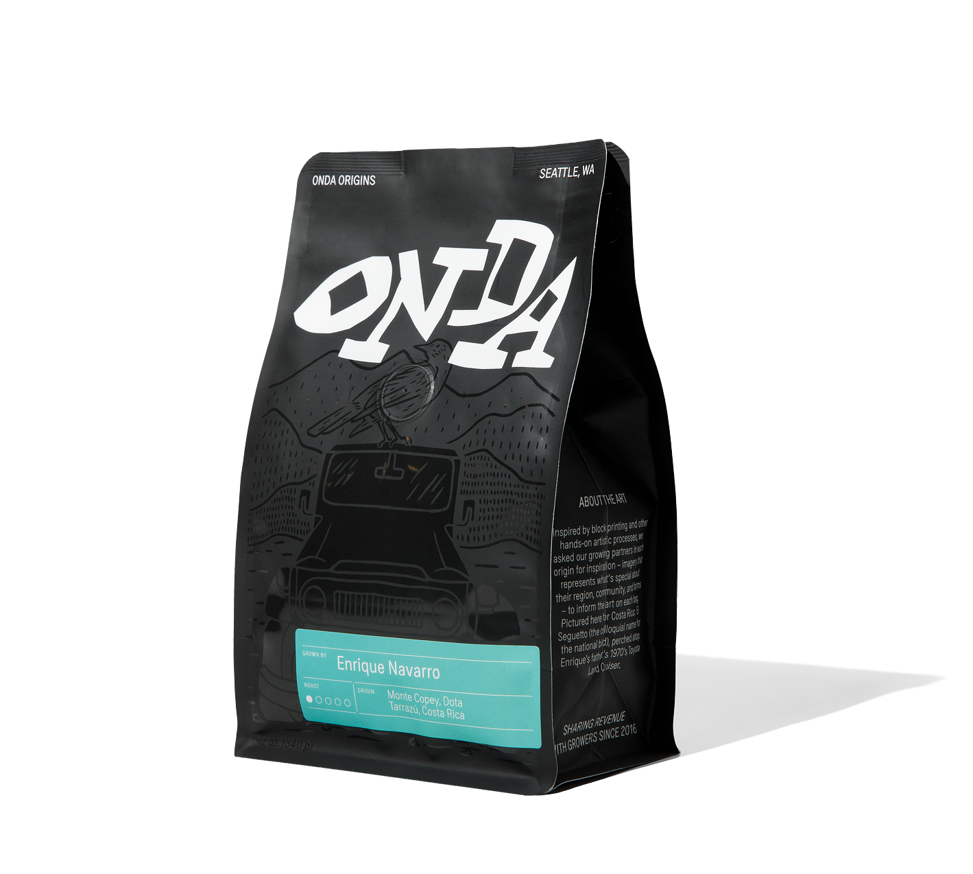 Black specialty coffee bag with unique artwork, Enrique Navarro specialty coffee costa rica, costa rican coffee beans, whole bean coffee