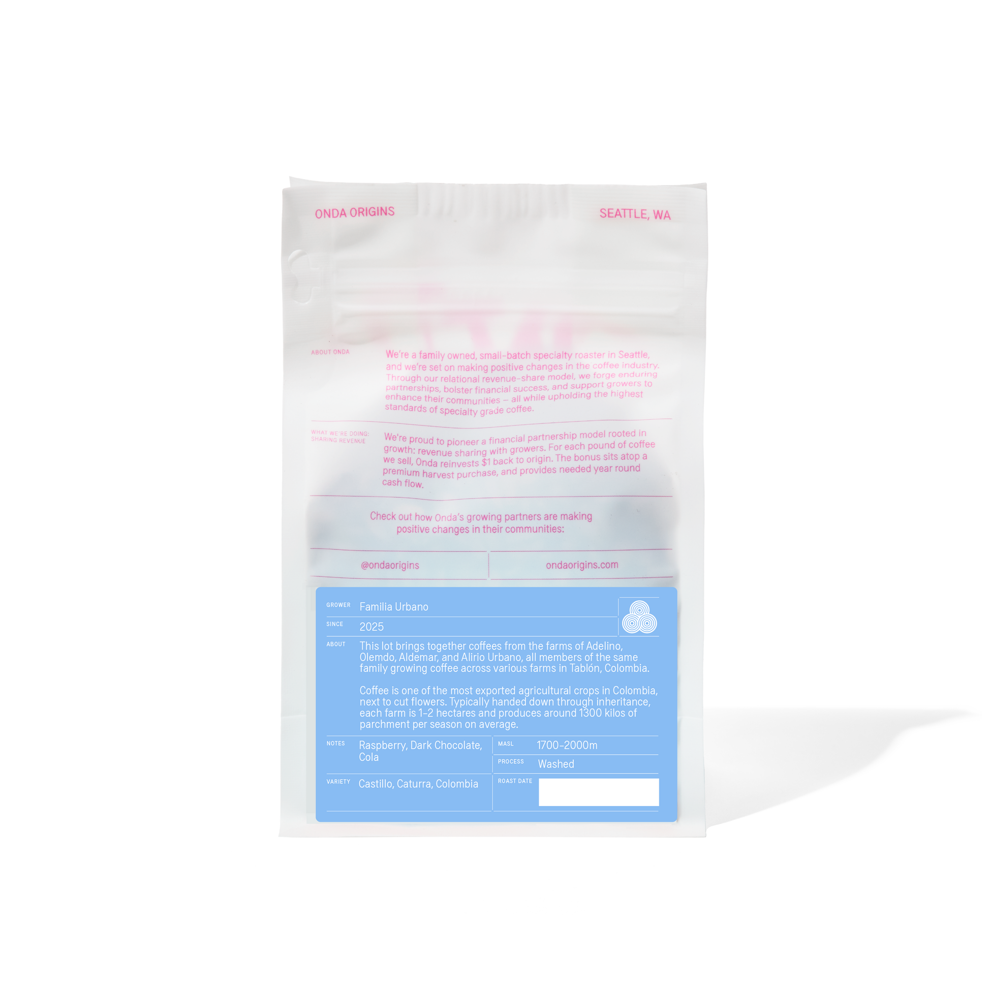 Back of white coffee bag with blue label, Pink coffee bag, specialty coffee beans, coffee bag with cool design, colombian coffee, coffee from colombia