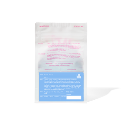 Back of white coffee bag with blue label, Pink coffee bag, specialty coffee beans, coffee bag with cool design, colombian coffee, coffee from colombia