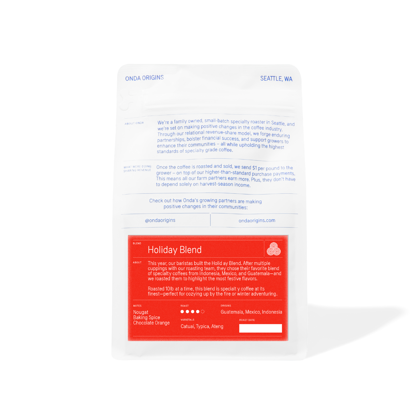 White bag with red sticker, coffee beans, holiday coffee gift, specialty holiday coffee blend