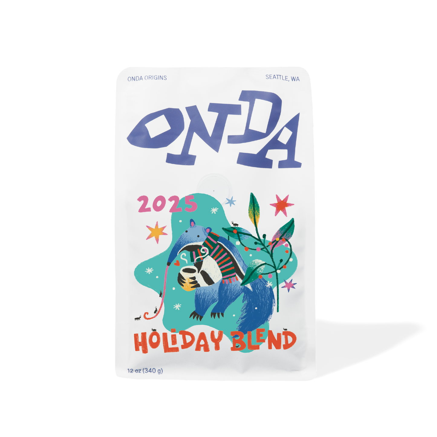 White bag of coffee with unique art, holiday blend, coffee gifts, festive coffee gift