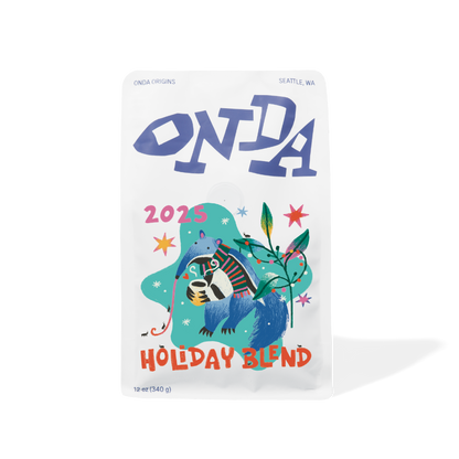 White bag of coffee with unique art, holiday blend, coffee gifts, festive coffee gift