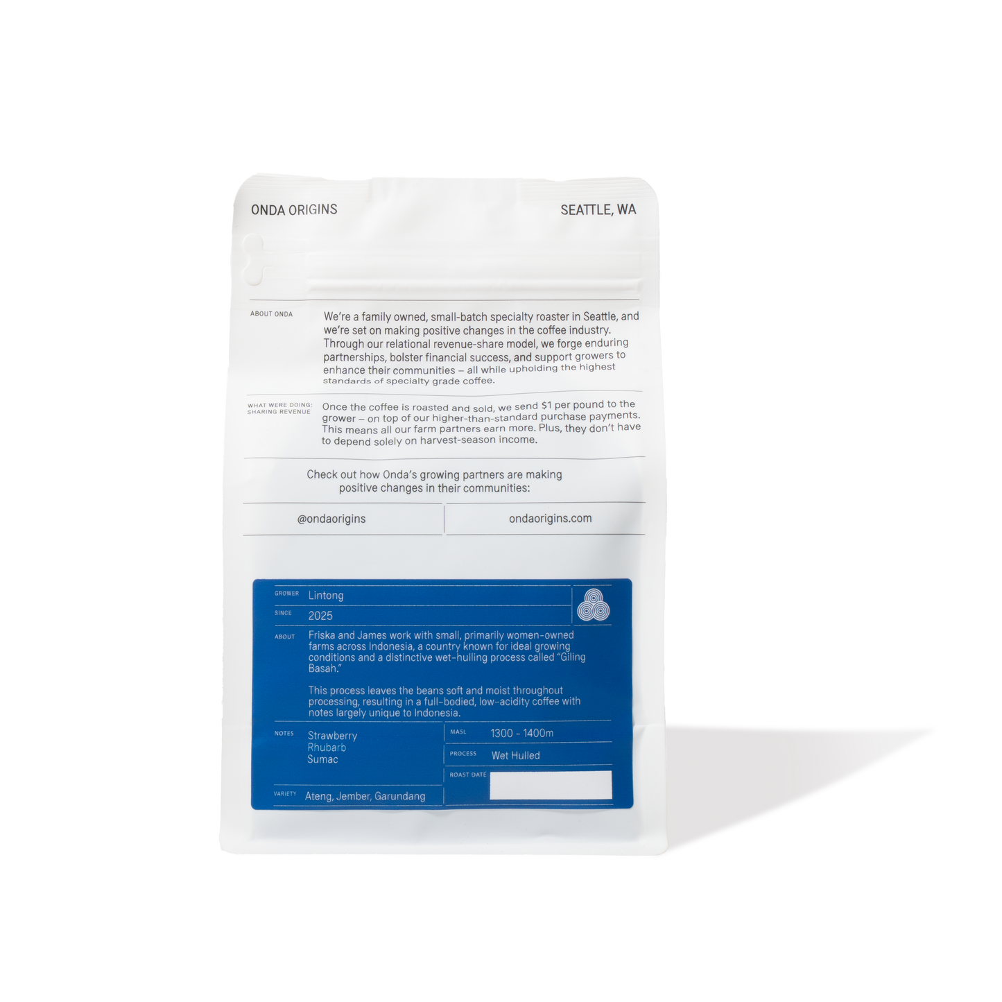 Coffee package with a blue label on a white background, indonesian specialty coffee, unique whole bean coffee