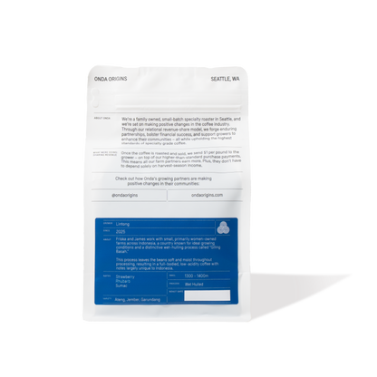 Coffee package with a blue label on a white background, indonesian specialty coffee, unique whole bean coffee