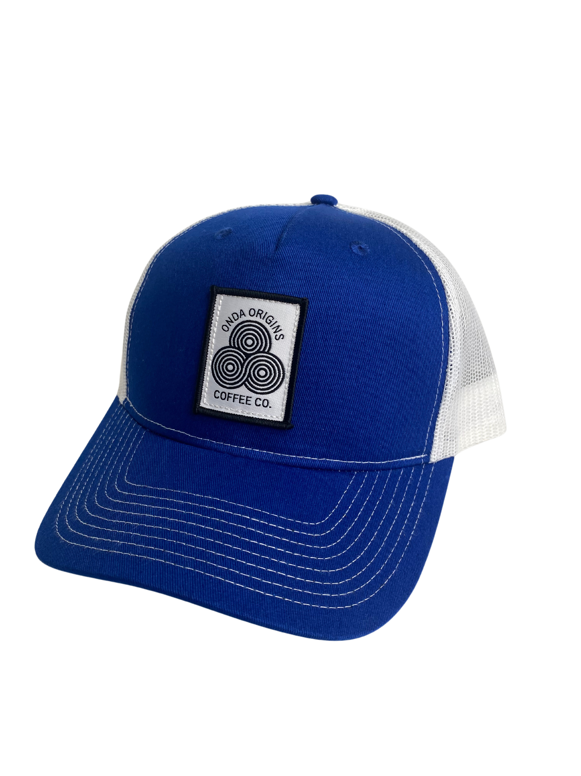 Coffee Shop Mercha, onda origins coffee shop hat, trucker hat gift, blue trucker hat, blue and white hat