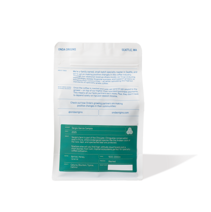 White coffee bag with forest green sticker, single origin coffee from Peru, original coffee bag art, gifts for coffee lovers