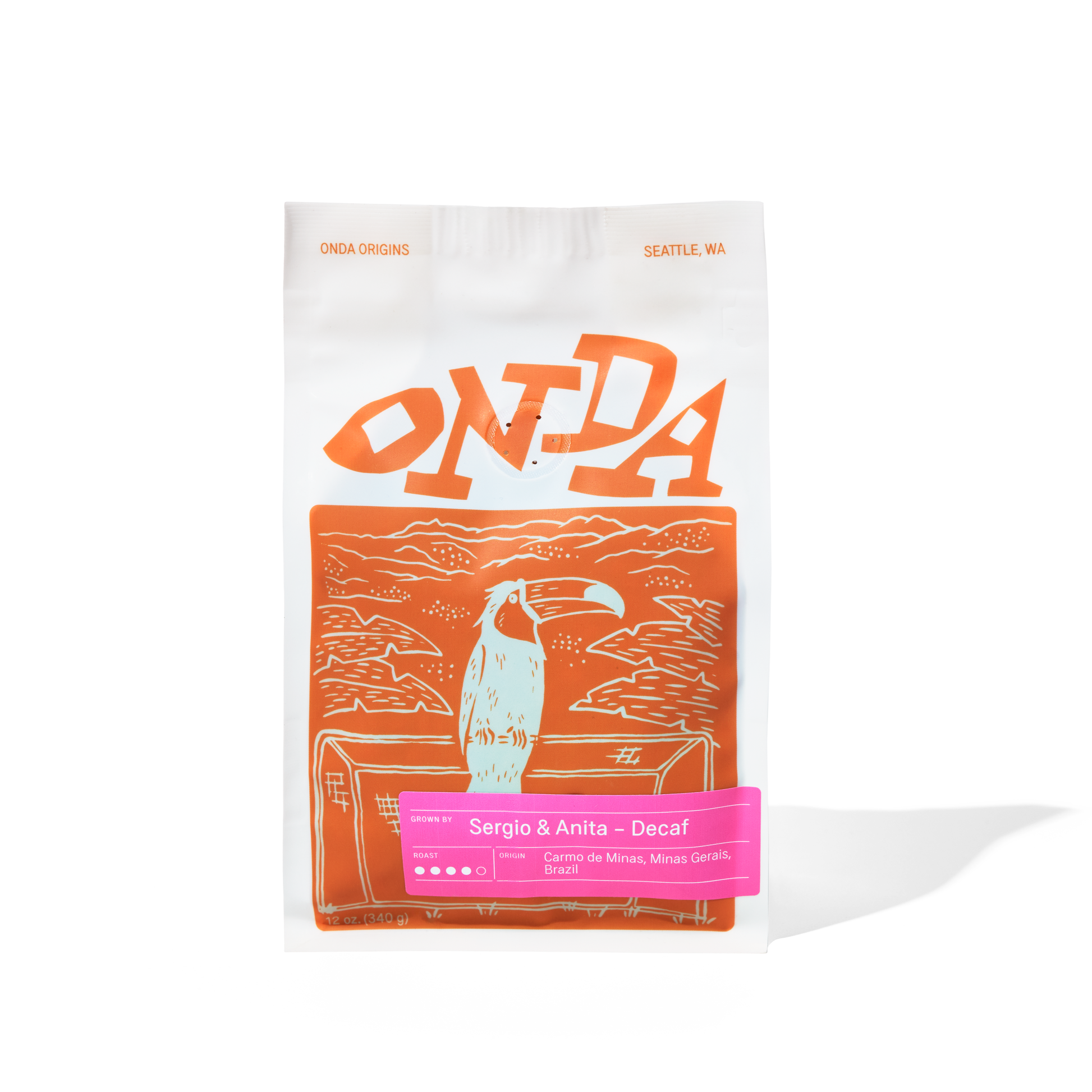 Decaf coffee beans, coffee from Brazil, Brazilian decaf coffee, bird art on a coffee bag, unique coffee bag design, decaf coffee bag, bag of whole bean coffee, specialty coffee from Brazil