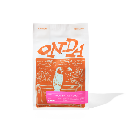 Decaf coffee beans, coffee from Brazil, Brazilian decaf coffee, bird art on a coffee bag, unique coffee bag design, decaf coffee bag, bag of whole bean coffee, specialty coffee from Brazil