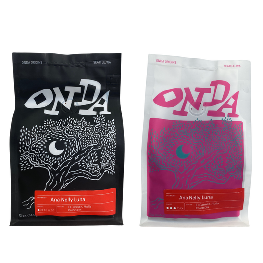 Two pack of Ana Nelly Luna's light roast coffees from Huila, Colombia with notes of fudge, cherry cordial and mandarin orange as well as strawberry cheesecake and milk chocolate. Pink Bourbon is a carefully cultivated hybrid varietal.